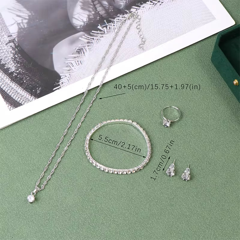 Luxury Women Ring Necklace Earrings Rhinestone Bracelet Female Casual Ladies Jewelry Set